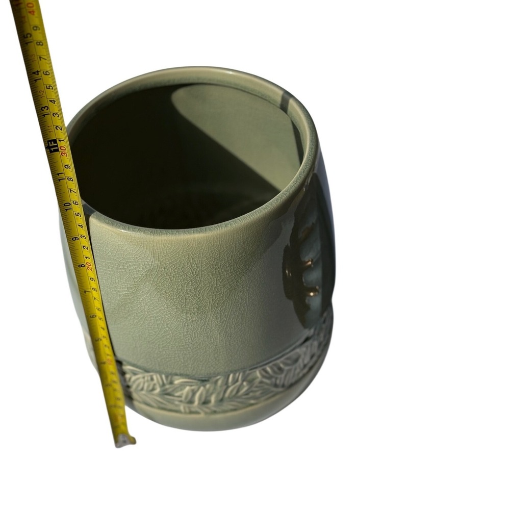 Sage Green Crackle Glaze Ceramic Planter Pot with Embossed Leaf Border 8.5in - Picture 2 of 3
